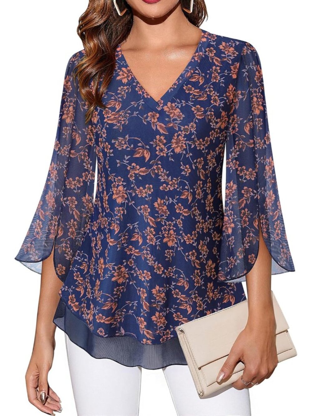 Women's Tops Blue Brown  3/4 Sleeves Floral Shirts Double Layers V Neck Blouses